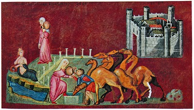 Елиезер и Ревекка у источника. Миниатюра из Евангелия. Венский Генезис. VI в. (Fol. 7)