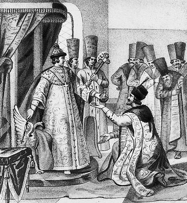 «Царь Феодор правителем России Бориса Годунова. 1584 г.» Гравюра. XIX в. (РГБ)